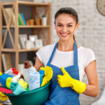 Studio,Shot,Of,Housekeeper.,Beautiful,Woman,Cleaning,Office.,Woman,Wearing